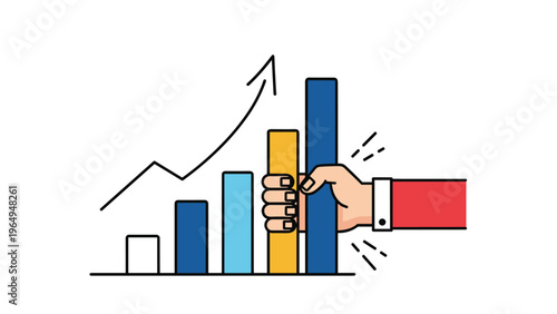 Hand adjusting bar chart columns next to a rising arrow representing financial growth, business success, and active management of data.