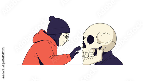Stylized illustration of a person in orange winter clothes and glasses closely examining a large human skull with a curious look.