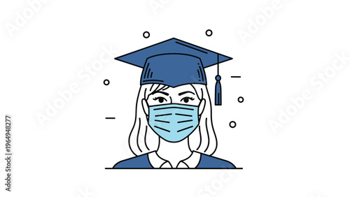 Illustration of a female graduate in a blue academic gown and cap wearing a surgical face mask during a pandemic era ceremony.