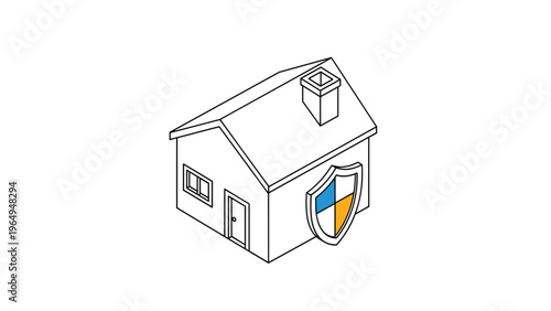 Isometric line drawing of a simple house protected by a large shield with colorful segments symbolizing home security and insurance.