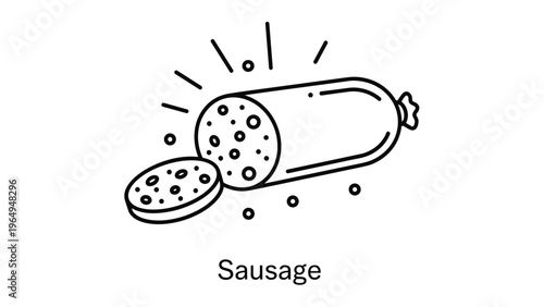 Simple line drawing of a whole salami sausage and a single slice with some peppercorns around it on a clean white background.