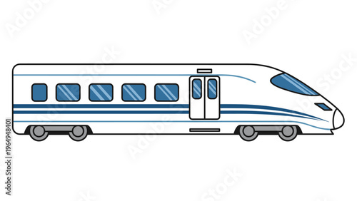 High-speed passenger train with blue stripes and streamlined aerodynamic design is depicted from a side view on a white background.