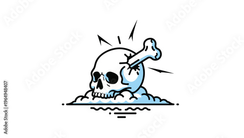 Stylized human skull features a bone protruding from the side and soft vapor clouds at its base in a clean vector line art illustration.