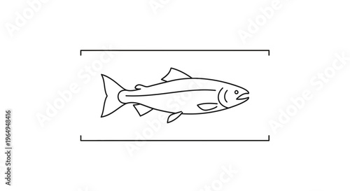 Minimalist black outline drawing of a salmon or trout fish swimming horizontally isolated