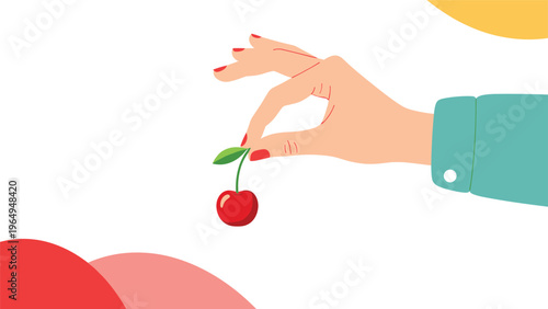 Female hand with red nails carefully holds a single ripe red cherry by its stem, presenting a minimalist and elegant food concept.