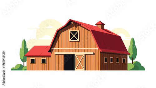 Large wooden farm barn with a classic red roof and silo stands amidst trees under a soft sky in a clean and peaceful vector landscape.