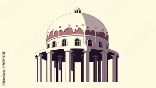 Grand circular building with many pillars and a large dome is decorated with dripping white frosting to look like a giant celebration cake.