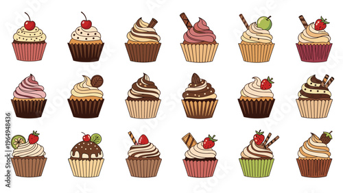 Large set of diverse cupcakes with various colorful frostings and toppings is neatly arranged in rows on a plain white background.