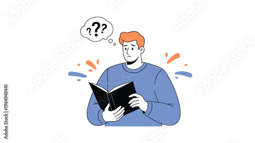 Confused man reads a black book with floating question marks in a thought bubble, illustrating common learning challenges and curiosity.