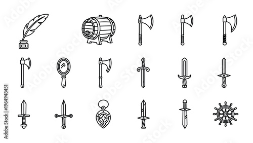 Set of black and white outline icons features medieval weapons and historical objects like axes, swords, a barrel, and a handheld mirror.