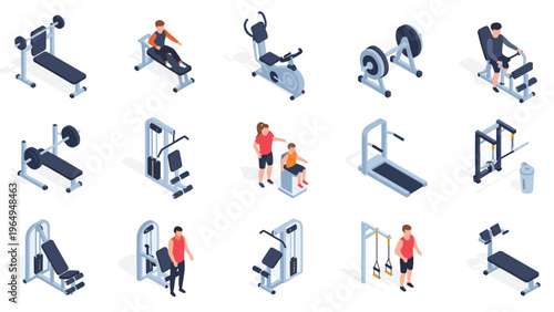 Comprehensive collection of isometric gym equipment features people exercising on weight benches, treadmills, and various workout machines.