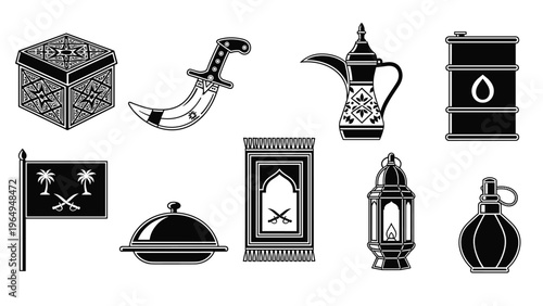 Collection of black and white symbols related to Middle Eastern culture includes a traditional dagger, a lantern, and a decorated carpet.