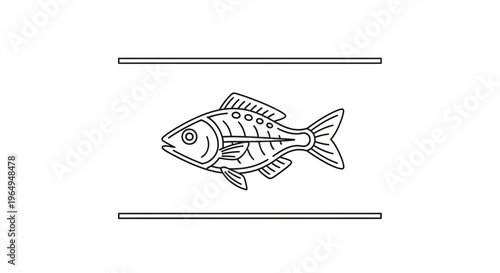 Minimalist black and white line art illustration of a freshwater fish swimming between abstract