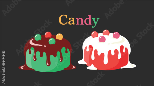 Two colorful cakes with rich chocolate and white frosting are topped with bright candies, creating a vibrant food illustration for parties.