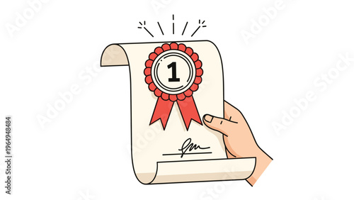 Hand holds up a rolled paper certificate featuring a red number one ribbon, representing excellence and being a top winner in a contest.