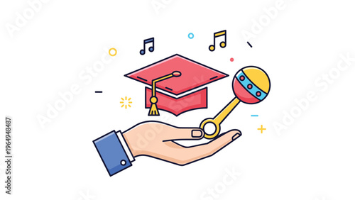 Hand holds a colorful baby rattle with a red graduation cap in the background, symbolizing the journey of educational development from birth.