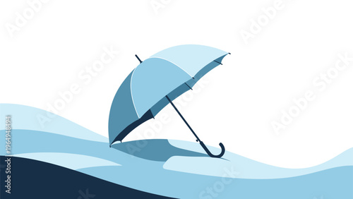Light blue umbrella is positioned within a wavy abstract landscape, offering a conceptual representation of protection or weather themes.