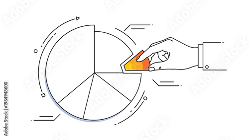 Human hand in a suit sleeve placing a colorful wedge into a circular pie chart representing business analysis and data contribution.