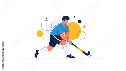 Dynamic illustration of a male athlete playing field hockey with a stick and ball against a background of abstract colorful circles.