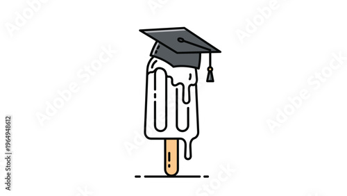 Creative illustration of a white melting popsicle on a wooden stick wearing a black graduation cap with a tassel on top.