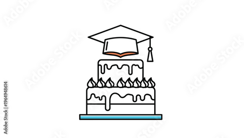 Two-tier white cake decorated with frosting swirls and topped with a black graduation cap to celebrate academic success and achievement.
