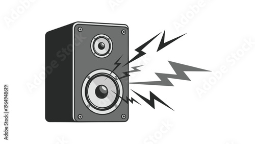 Black and white illustration of a loud speaker cabinet emitting stylized sound waves or lightning bolts on a plain white background.