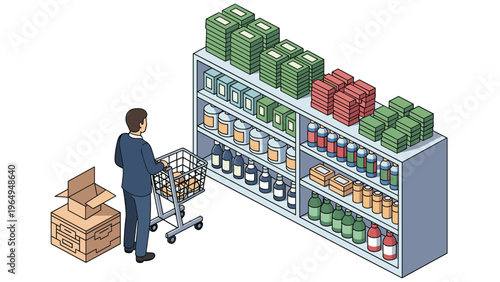 Isometric view of a man in a business suit pushing a shopping cart through a supermarket aisle filled with stocked shelves.