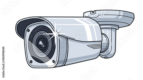 Detailed illustration of a silver security camera with a lens reflection symbolizing surveillance, safety, and modern monitoring systems.