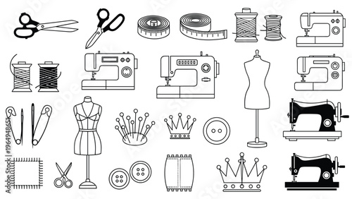 Extensive collection of sewing and tailoring icons including machines, scissors, thread, buttons, and mannequins in a black and white set.