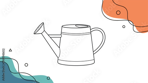 Minimalist line drawing of a garden watering can set against an abstract background of colorful fluid shapes and geometric patterns.