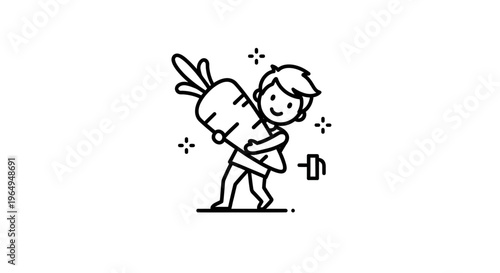 Joyful child enthusiastically carries a giant wholesome carrot, symbolizing strength and vibrant