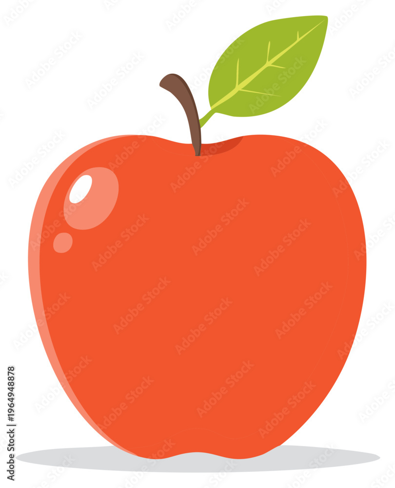 Fototapeta premium Red Apple Illustration with Green Leaf and Stem, Flat Design Style, Simple Fruits Graphic