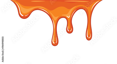 Sticky golden honey or thick orange caramel liquid dripping down from a horizontal top border on a white background.