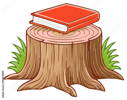 Cartoon Illustration of Book on Wooden Tree Stump with Green Grass Clumps