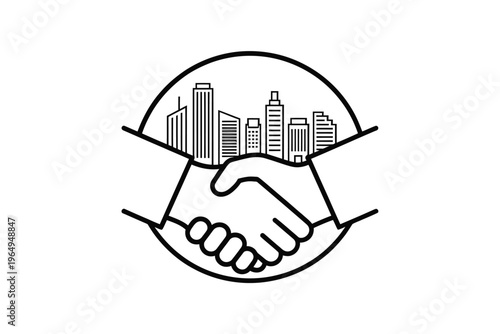 A symbolic line drawing of a handshake with a city skyline