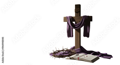 Easter, Christian cross, crown of thorns, purple cloth, holy book, symbols of faith