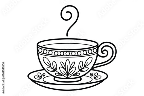 A delicate black and white illustration of a teacup with steam
