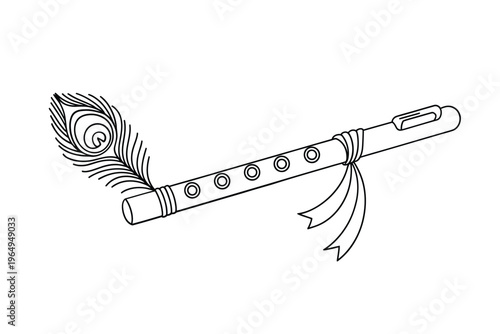 A black and white illustration of a flute with a peacock feather
