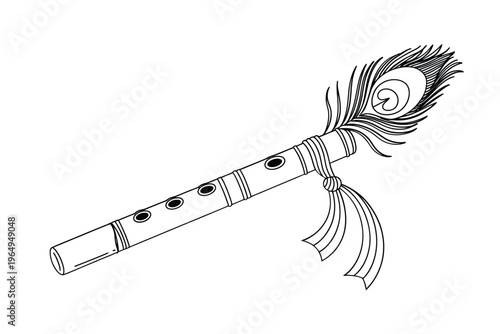 A detailed black and white illustration of a traditional indian flute