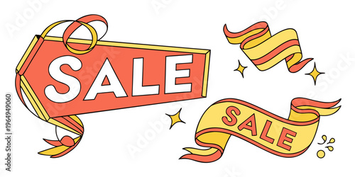 Vibrant sale banner set with bold shapes and bright colors, featuring red and yellow ribbons with sparkles, perfect for advertising discounts and promotions in a lively and eye-catching way.
