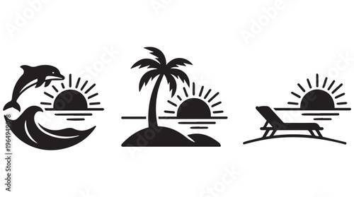 A serene beach scene featuring iconic silhouettes of a dolphin, palm tree, and lounge chair at sunset.