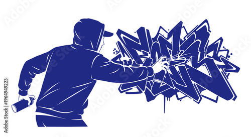 Graffiti artist spraying colorful abstract artwork on white background, urban art style
