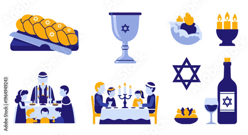 Jewish Holiday Symbols: Challah Bread, Kiddush Cup, Candles, Family Dinner