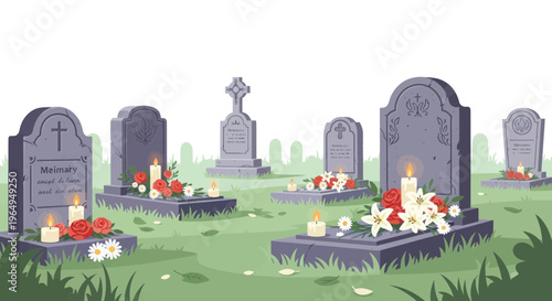 Graveyard with tombstones, candles, and flowers, memorial tribute