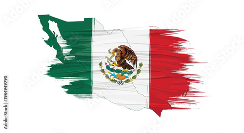 Mexico map outline with flag colors and emblem, brush stroke effect