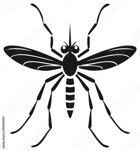 Stylized black mosquito icon seen from top view. Vector graphic of a flying pest insect and disease carrier.