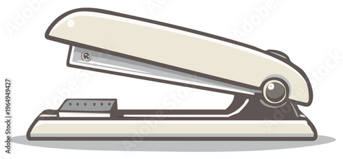 Illustrated image of an office stapler. White and gray stapling tool, office supply object with shadows.