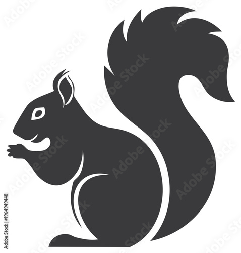 Stylized dark gray squirrel icon eating food with bushy tail curled up