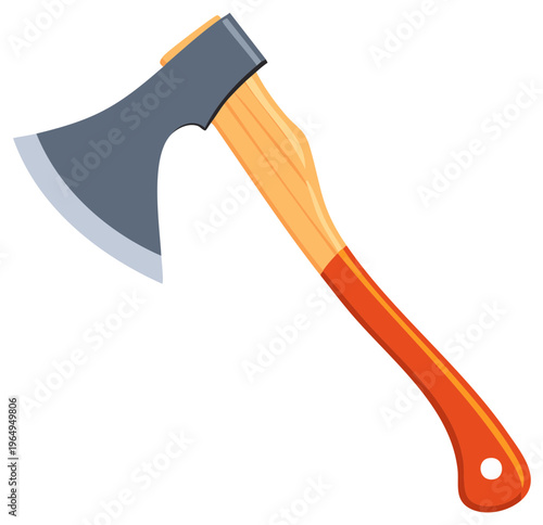 Sharp steel axe with a wooden handle and orange grip details on a white background