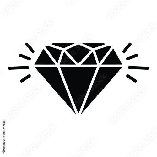 Black diamond icon with white lines and light effect lines around icon